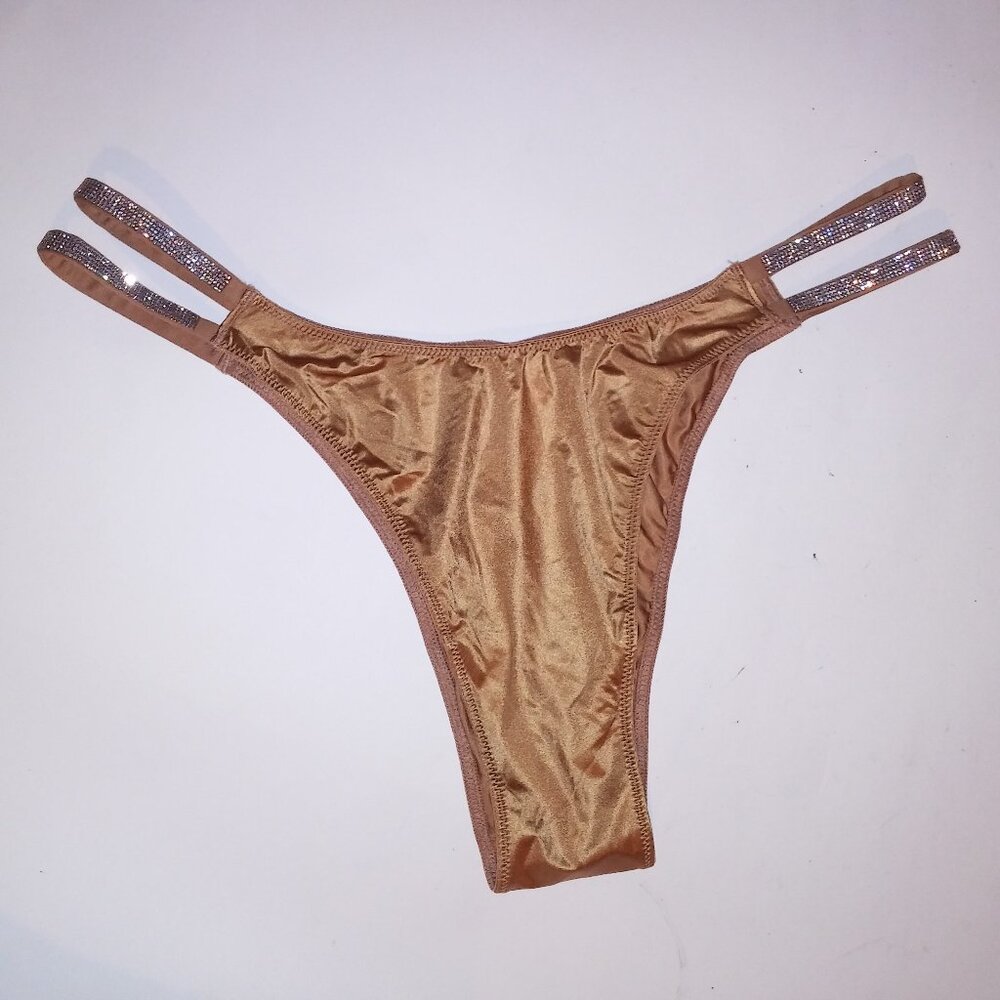 Victoria Secret Panty Brazilian XL Tan Double Shine Strap Silver Bling Rhineston